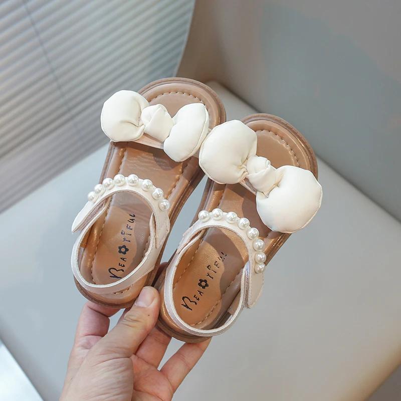 Baby Girls Sandals Soft Big Bowtie with Pearls Beading Princess Sweet Candy Color Kids Beach Shoes 2024 New Children Summer Flat