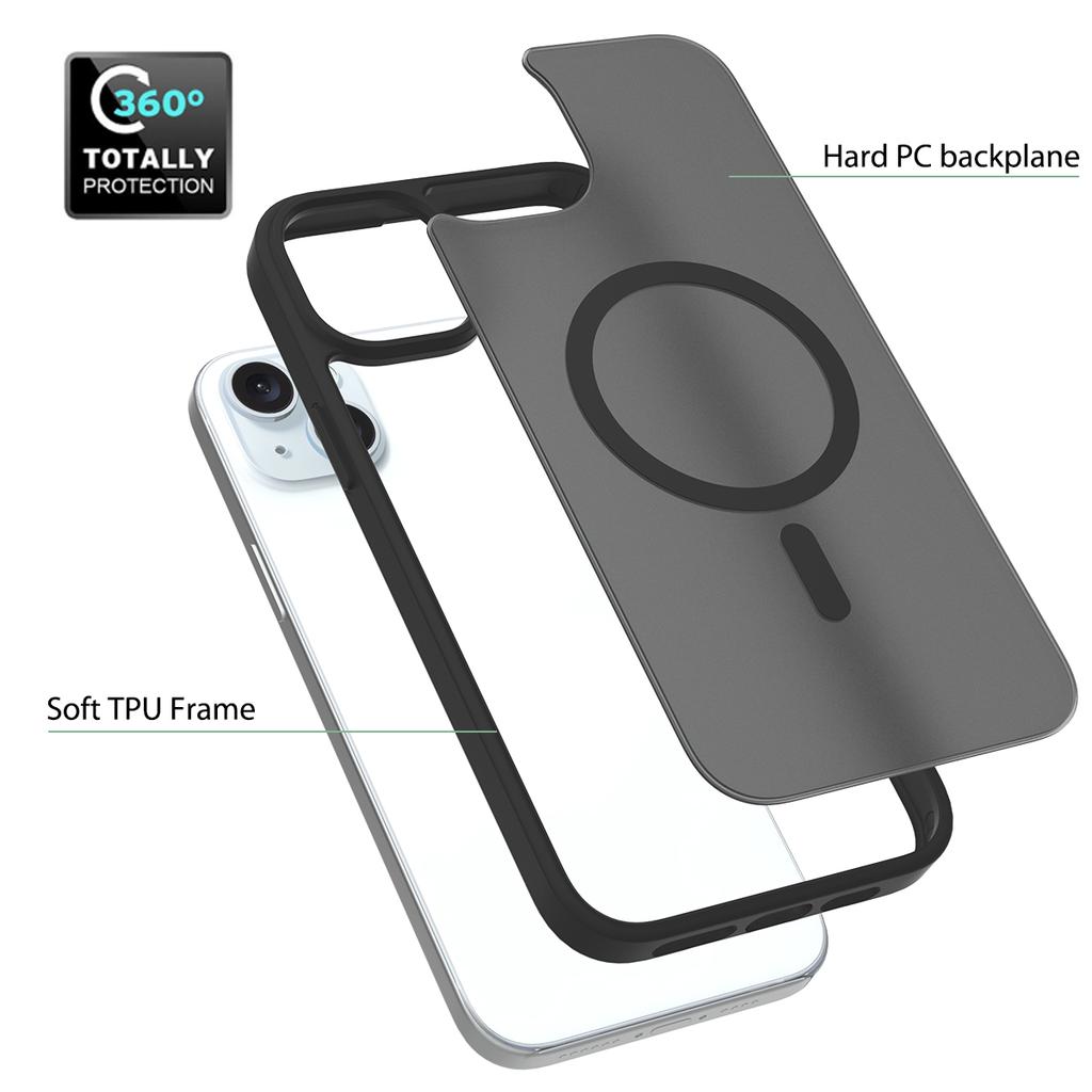 Matte Semi-Transparent Soft Edge Hybrid TPU PC Magnetic Shockproof Frosting Phone Case for 15 Plus