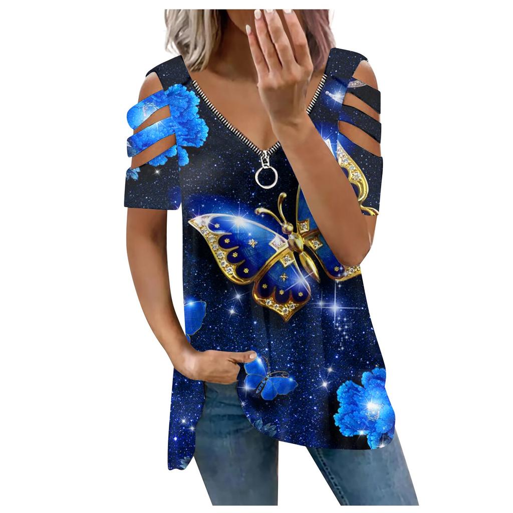 Women's Fashion Casual Loose Print Short Sleeve V-neck Zipper Off-shoulder Top