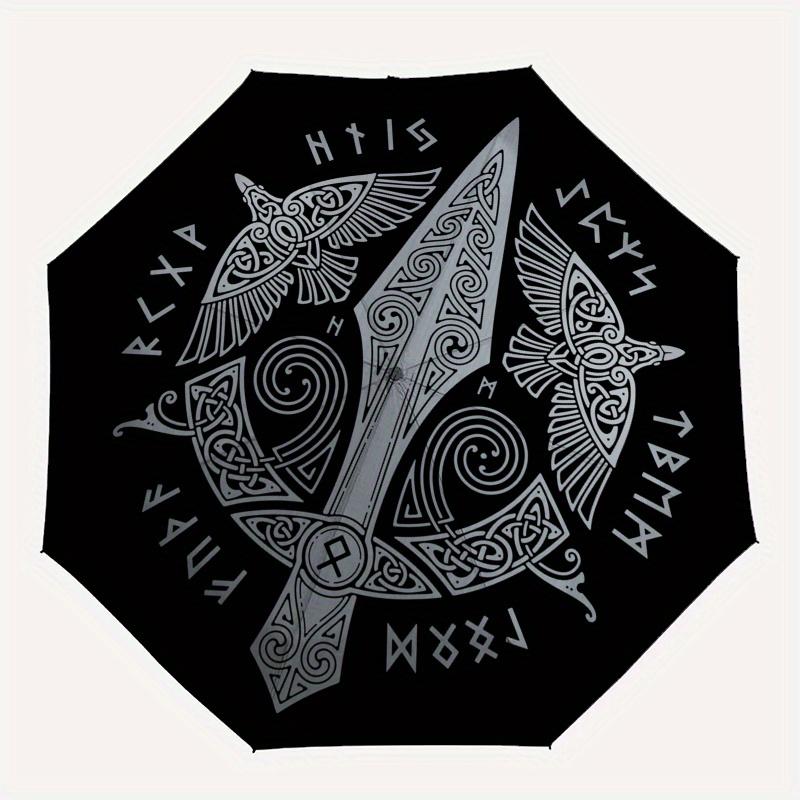 Viking Shield Wall Art, Norse Decor with Spear and Ravens Umbrella, Cute Umbrella with Cute Design, Portable 3-Fold Compact Umbrella for Men & Women,