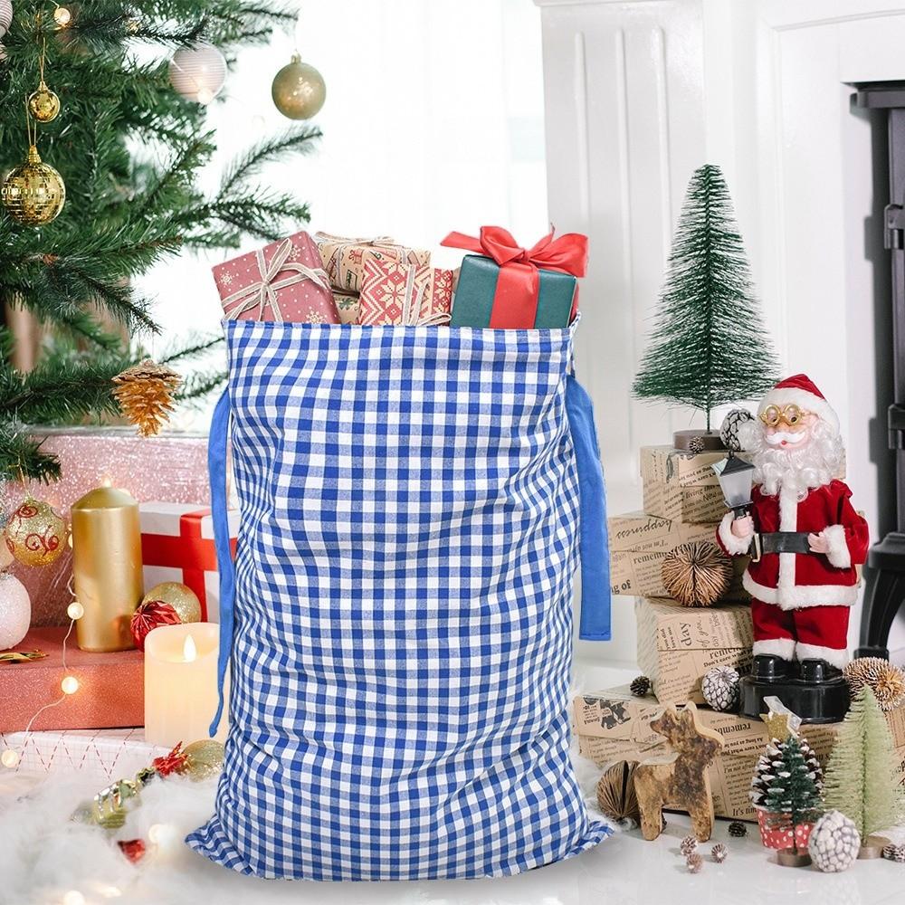 Plaid Pattern Christmas Santa Sack Drawstring Closure Reusable Drawstring Christmas Sack Wide Opening Christmas Present Bag