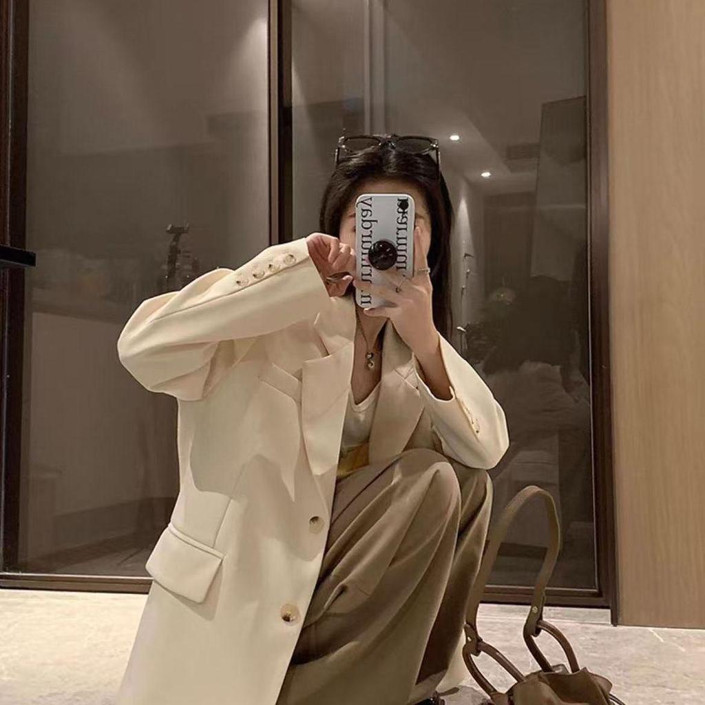 Korean Style White Blazer Loose Fit Spring Fall Jacket for Petite Women Casual Office Outfit