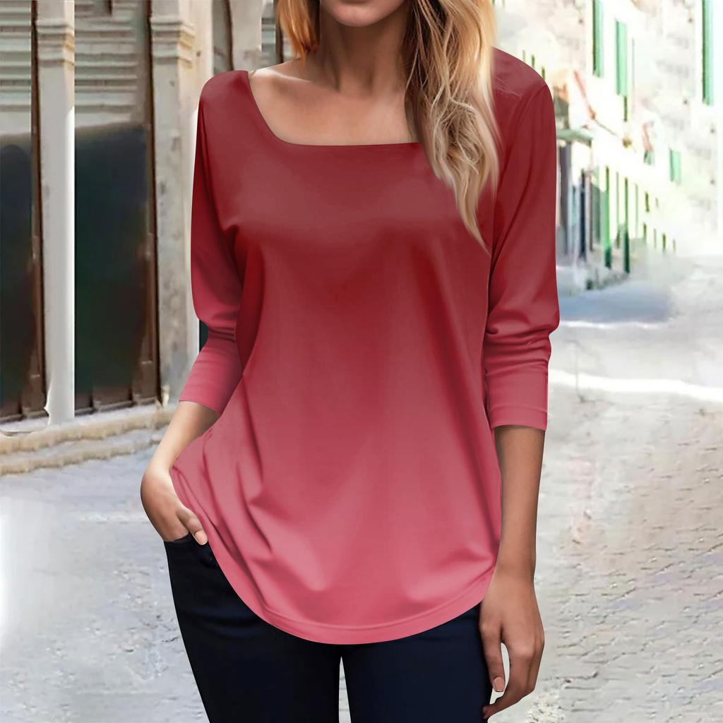 Women's Fashionable Waist Square Neck Long Sleeve Gradient Print T-Shirt Top