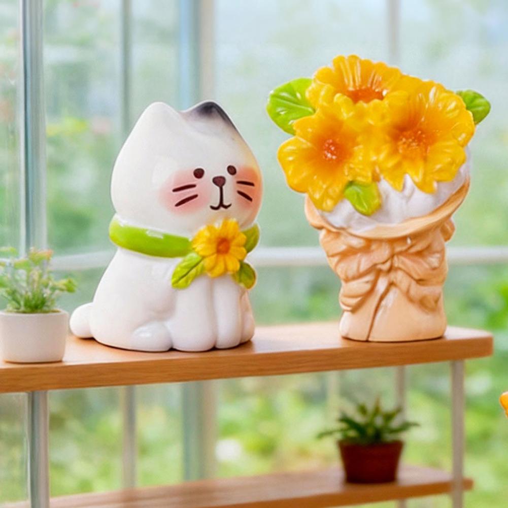 Cute Dollhouse Accessories Micro Landscape Ornament Set with Cute Cat Figurine Sunflower Miniature Pastoral Healing for Diy