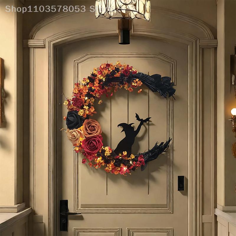 Halloween Crescent Moon Cat Wreath Gothic Garland Decor Handmade Artificial Halloween Door Hanging Decor Halloween Decor Supply