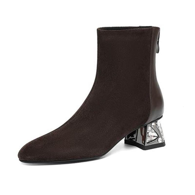 Krazing Pot Cow Suede Nubuck Winter Round Toe Chelsea Boots Med Heels Zipper Crystal Heels Women Ankle Boots