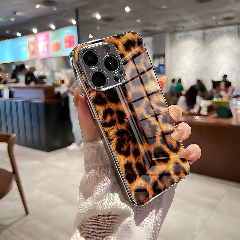 Luxurious Leopard Print Phone Case For IPhone 17 Pro Max 15 Pro 16 14 Plus 12 13 Mini 11 Pro Shockproof Electroplated Glass Cov