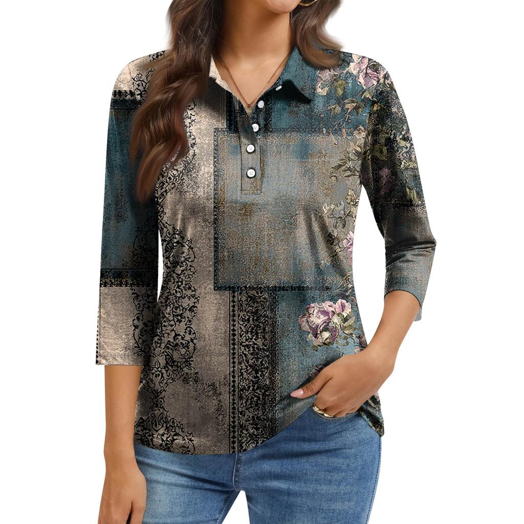 Women's Fashion Casual Lapel Short 3/4 Sleeve Print Shirt Women's Button Up Tops