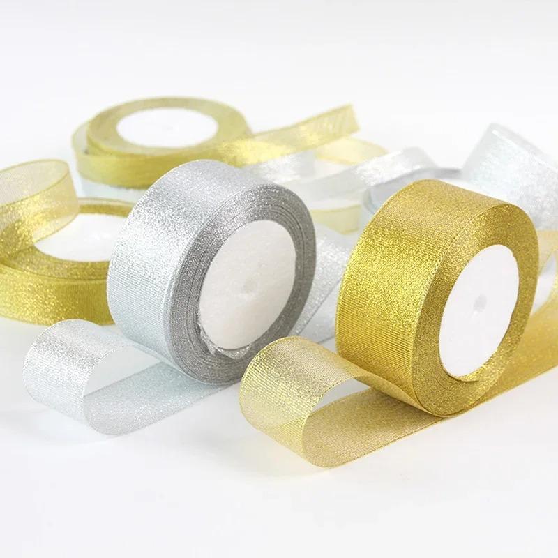 25yards/roll Gold Silver Metallic Glitter Ribbons for Apparel Garment DIY Accessories Crafts Sewing Fabric  Supplies Gift Wrap