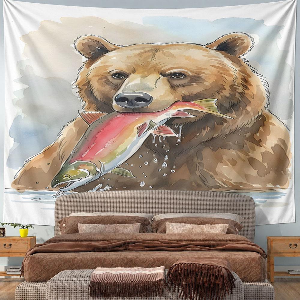 Bear Catching Colorful Salmon Pattern Wall Hanging Tapestry Decorative Tapestry Home Decor for Bedroom and Living Room