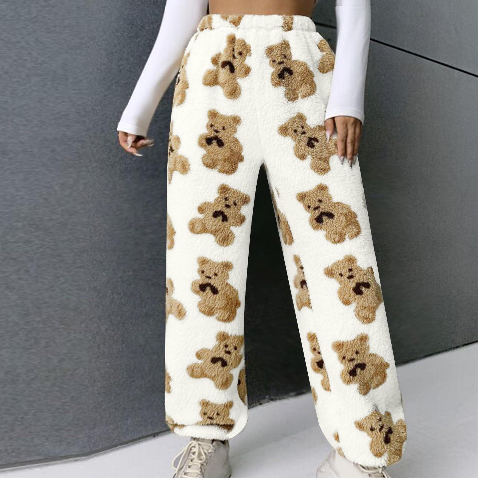 

Women s Cute Teddy Bear Plush Pajama Pants, Soft, Fleece-lined, Warm, Comfortable Plush Pants, Casual Pants M белый