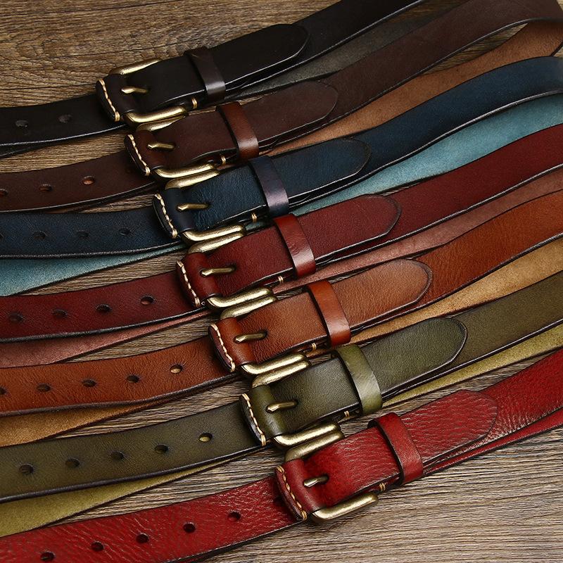 Dámský kožený opasek v korejském stylu, jednoduchý, moderní, retro, první vrstva, čistá hovězí kůže, mosazná přezka, dámský džínový opasek