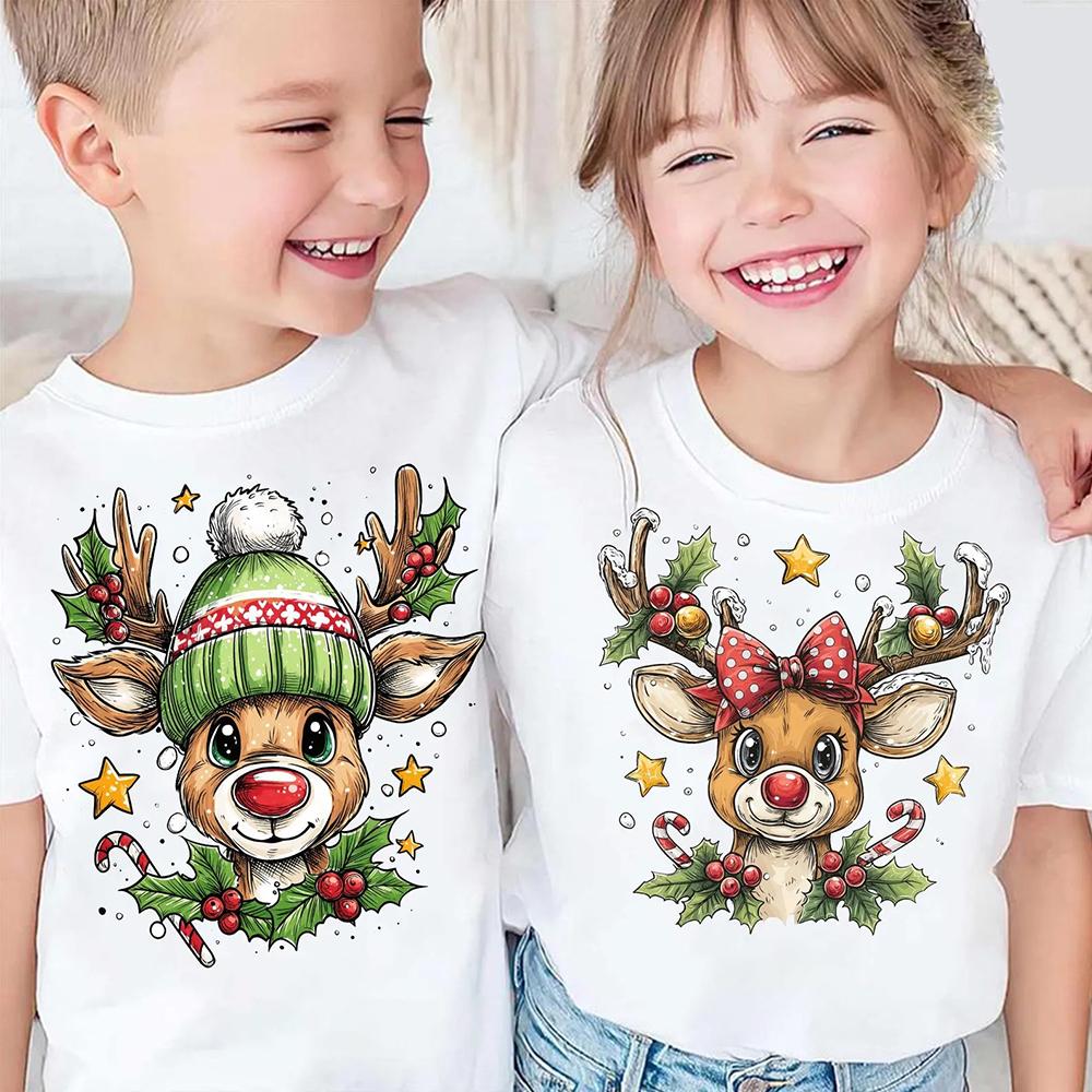 Merry Christmas Moose Graphics Kids Tshirts for Babys Birthday Party T-Shirt for Boys T shirts for Girl Tops Tees