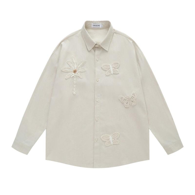 American Vintage Floral Butterfly Dragonfly Crochet Patch Shirt Unisex Casual Long Sleeve Blouse