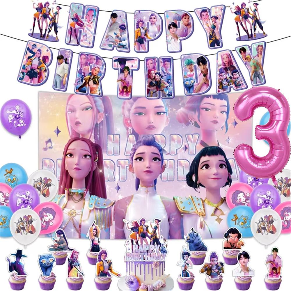 Kpop Demon Birth Date Celebration Decoration Hunter Group Birth Date Celebration Supplies Huntrix Kpop Anime Cake Topper Balloons Hanging Flag
