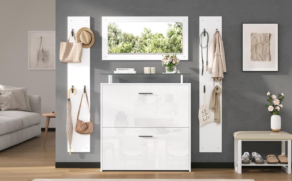 89.5*23*96.5cm Hallway Wardrobe Set 4-Piece with Mirror, 2 Hat Shelves and High Gloss Shoe Cabinet, with 8 Clothes Hooks, White