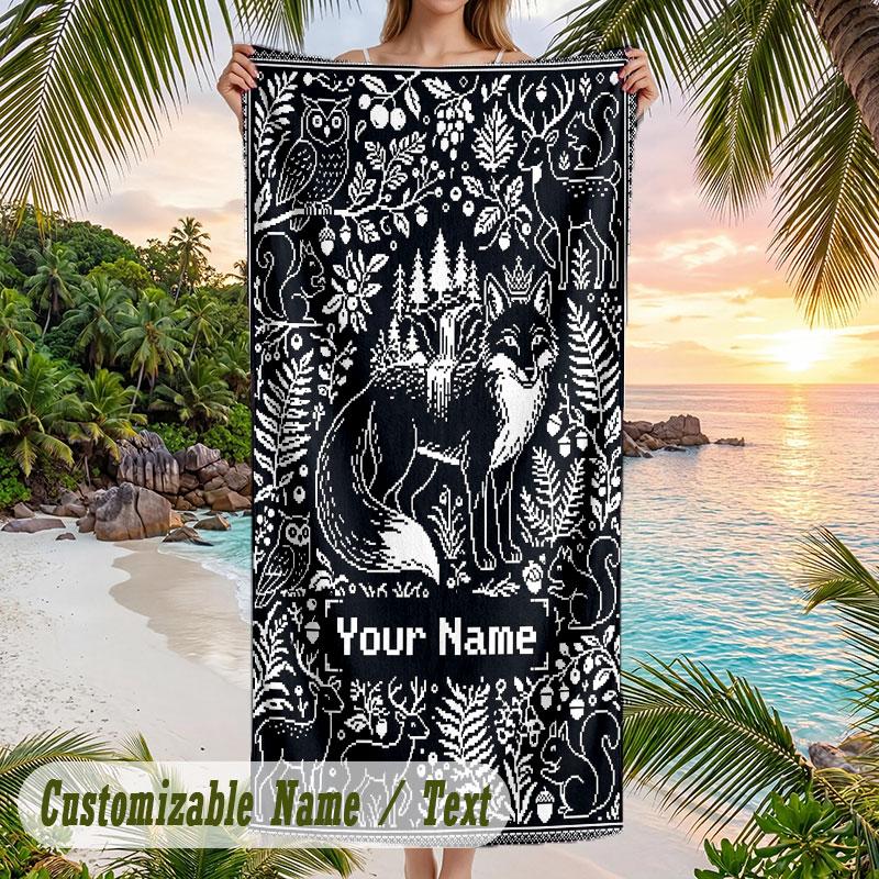 Forest Creatures Night Theme Quick Dry Beach Towel Custom Name Text Print Large Sand Resistant Towel Beach Vacation