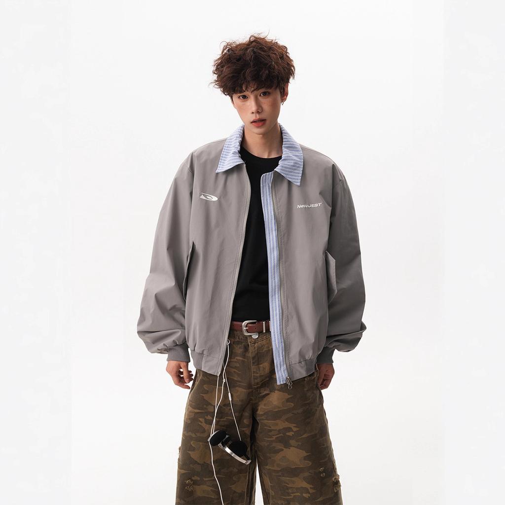 2025 new fake two-piece lapel jacket men's and women's autumn striped splicing baseball jacket loose couple cardigan