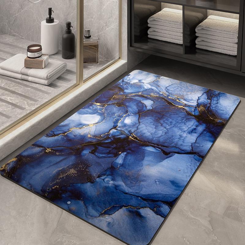 Royal Blue Gold Vein Bath Mat Luxury Marble Effect Non-Slip Silicone Backing Rug Sophisticated Floor Cover