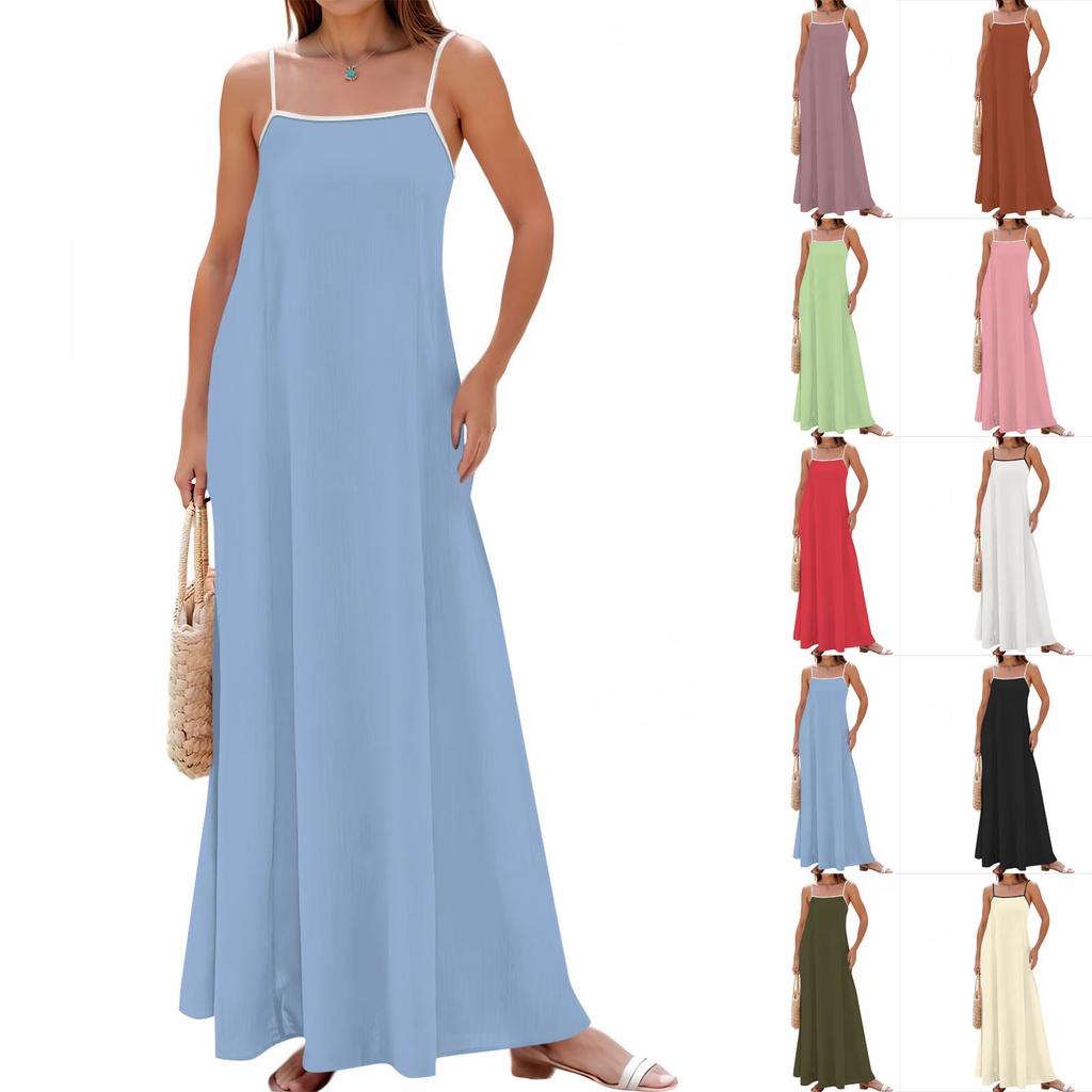Women's Spring And Summer Casual Fashion Adjustable Suspender Solid Color Long Dress