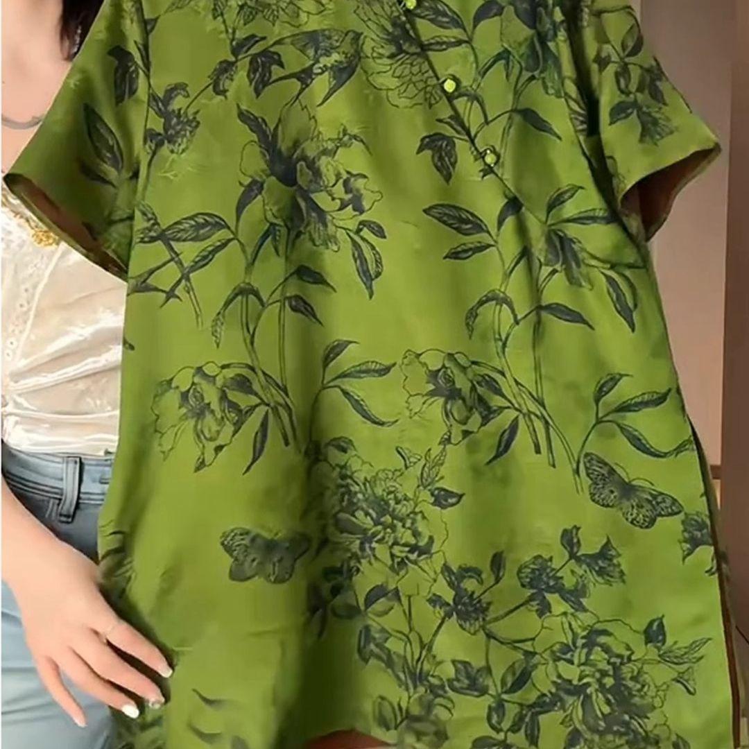 

2025 summer model, beautiful summer with large size short sleeves, huge good-looking green printed top for women 3XL [recommended 138-75 kg] зелёный