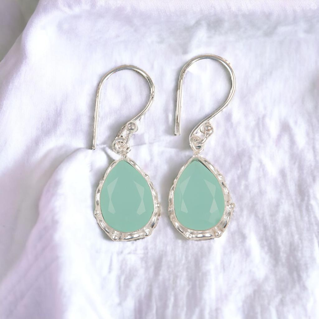 Aqua Chalcedony Gemstone 925 Stamped Silver Jewelry Handmade Hook Earrings 1.30" EE-3-16