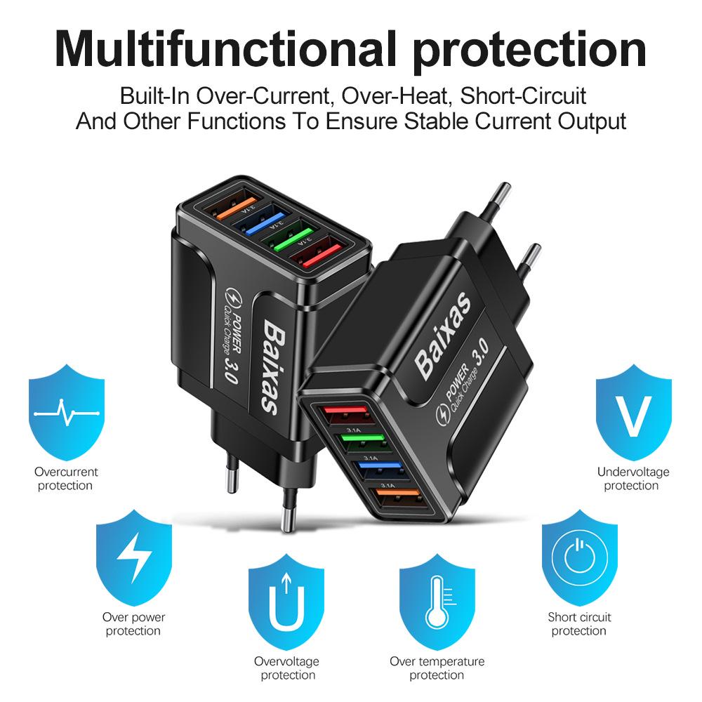 Colorful 4-USB 3A Travel Charger for Phone & Tablet: Multi-Standard (EU/US/UK)