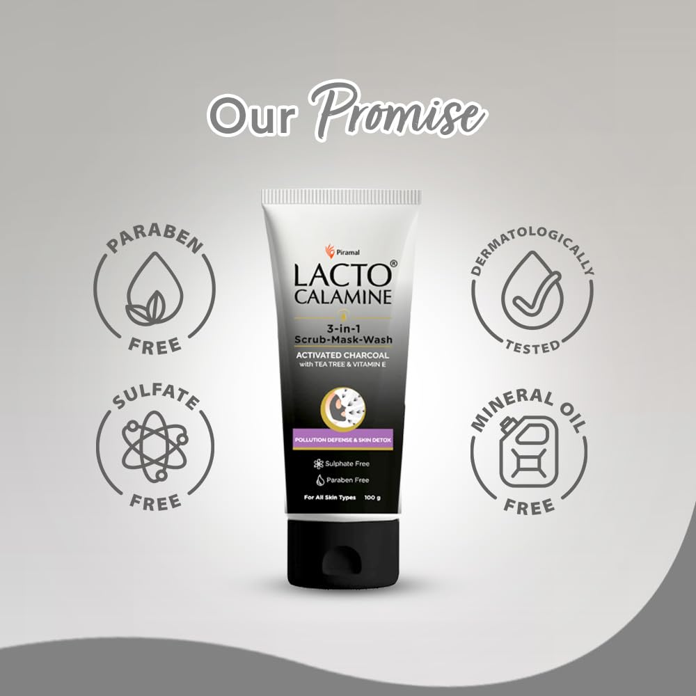 Lacto Calamine 3-in-1 Charcoal Face Scrub Mask Wash 100 ml Multi-Action Detox Cleanser for Clear Skin