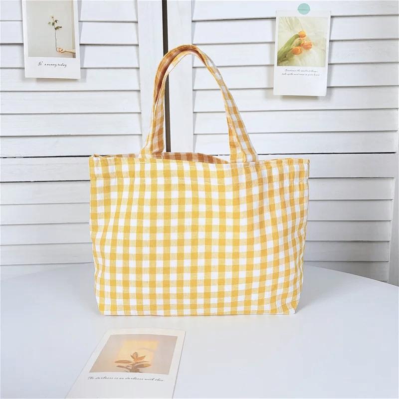 Tragbare Damen Bento Handtaschen Einfache karierte Damen kleine Tragetasche Umhängetaschen Retro Stoff Damen Wiederverwendbare Einkaufstasche