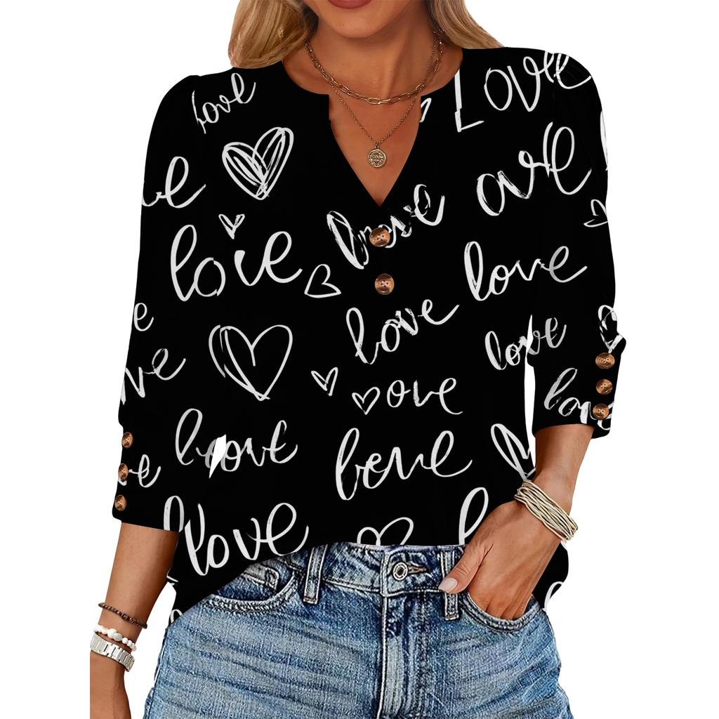 Women's Loose 7-inch Sleeve Top with Heart Print