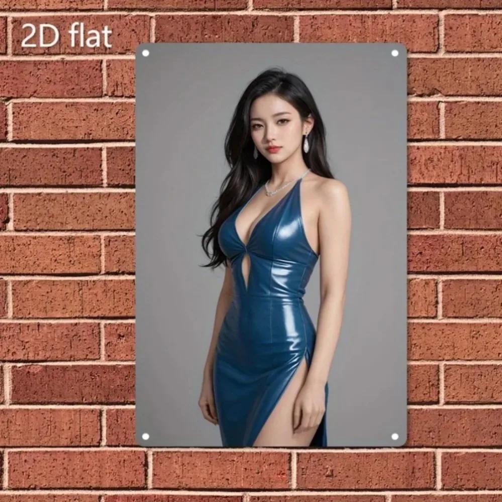 Hisun Tin Sign HD Metal Tin Sign Stunning Asian Beauty in Blue Halter Neck Leather Maxi Dress Vintage Poster Luxury Party Style Wall Art Deco