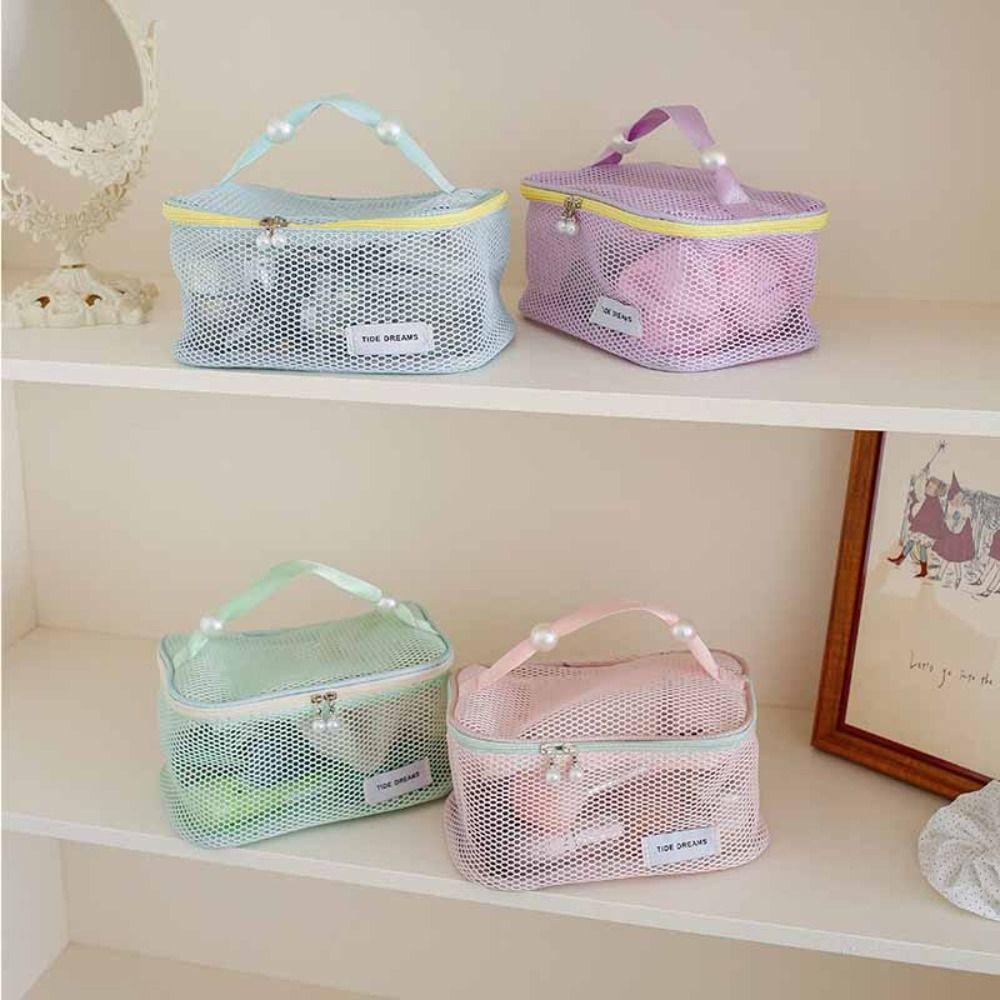 Large Capacity Mesh Cosmetic Bag Solid Color Pillow Makeup Pouch Transparent Makeup Bag  Outdoor