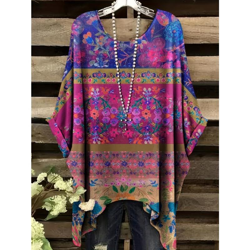 Sommer Damen Bohemien Stil Print T-Shirt Tops Mode Gestreiftes Blumen Grafik T-Shirt Lässiger Komfort Kurzarm Kleidung