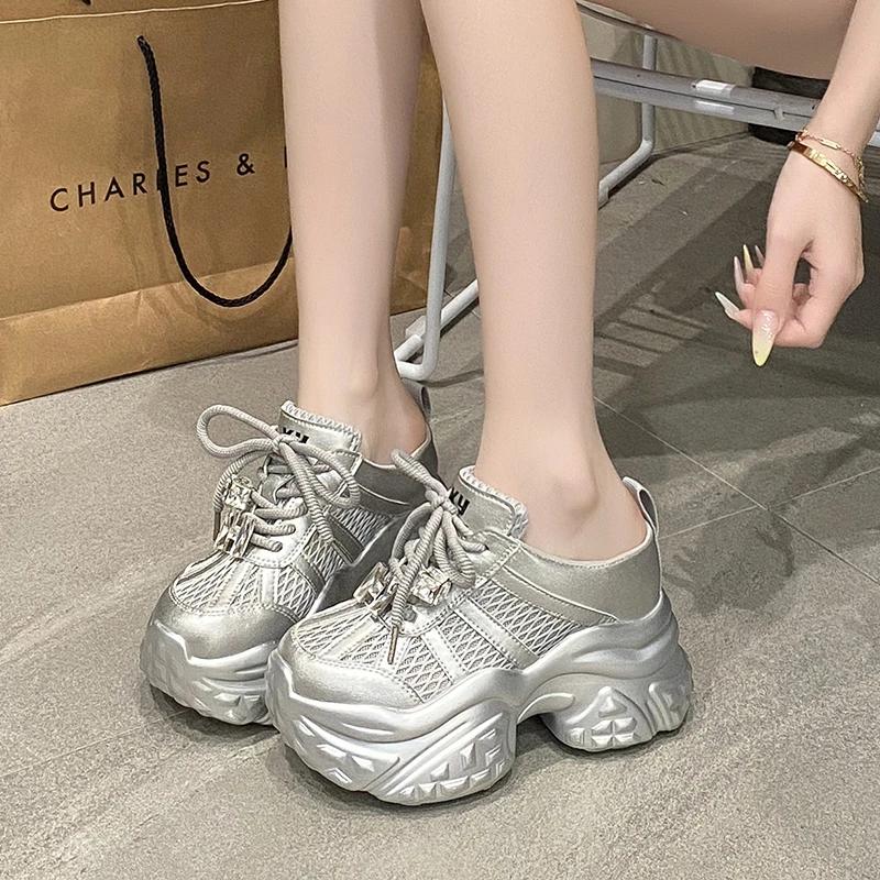 Fashion 9CM Women's Thick Bottom Slip-On Slippers Air Mesh Synthetic Leather Sandals Summer Platform Wedge Flats Breathable Hollow Shoes