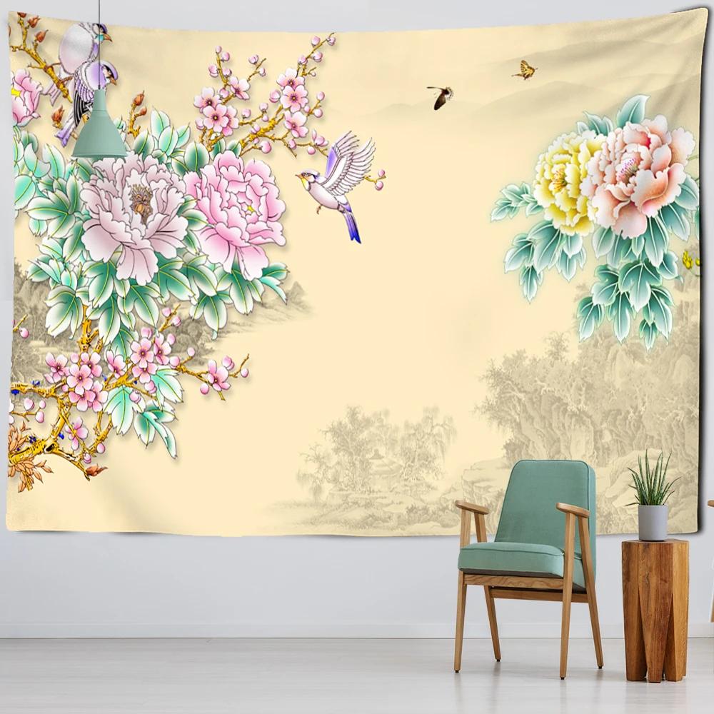 Artistic Conception Flower And Bird Painting Mural Tapestry Bohemian Psychedelic Wall Hanging Bedroom Living Room Home Decor