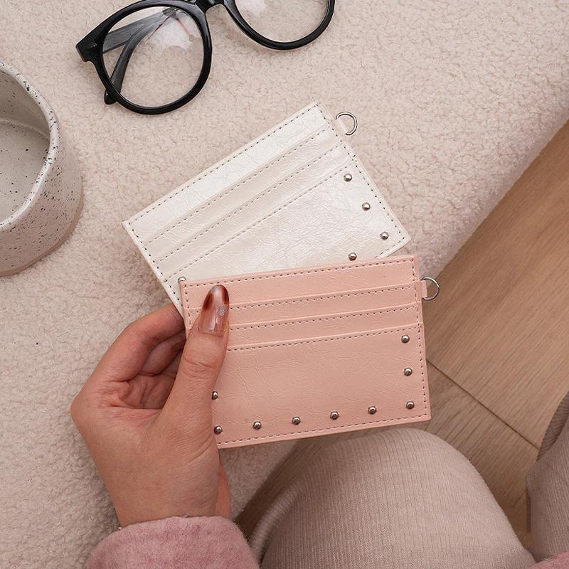 Compact Ultra Thin Cracked Leather Card Wallet Mini Size Multiple Slots With Rivet Design Solid Color Pu Coin Purse