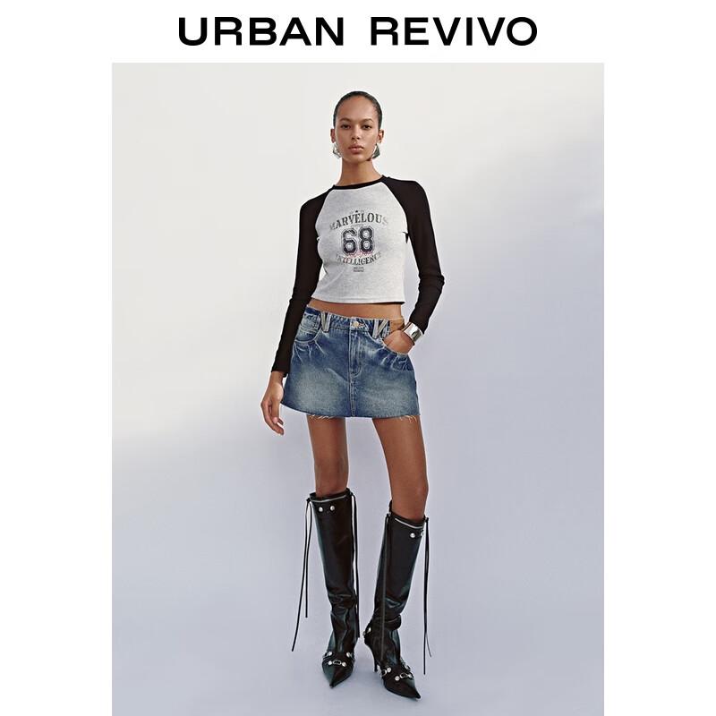 UR 2025 Women's Retro Print Color-block Slim-fit T-shirt