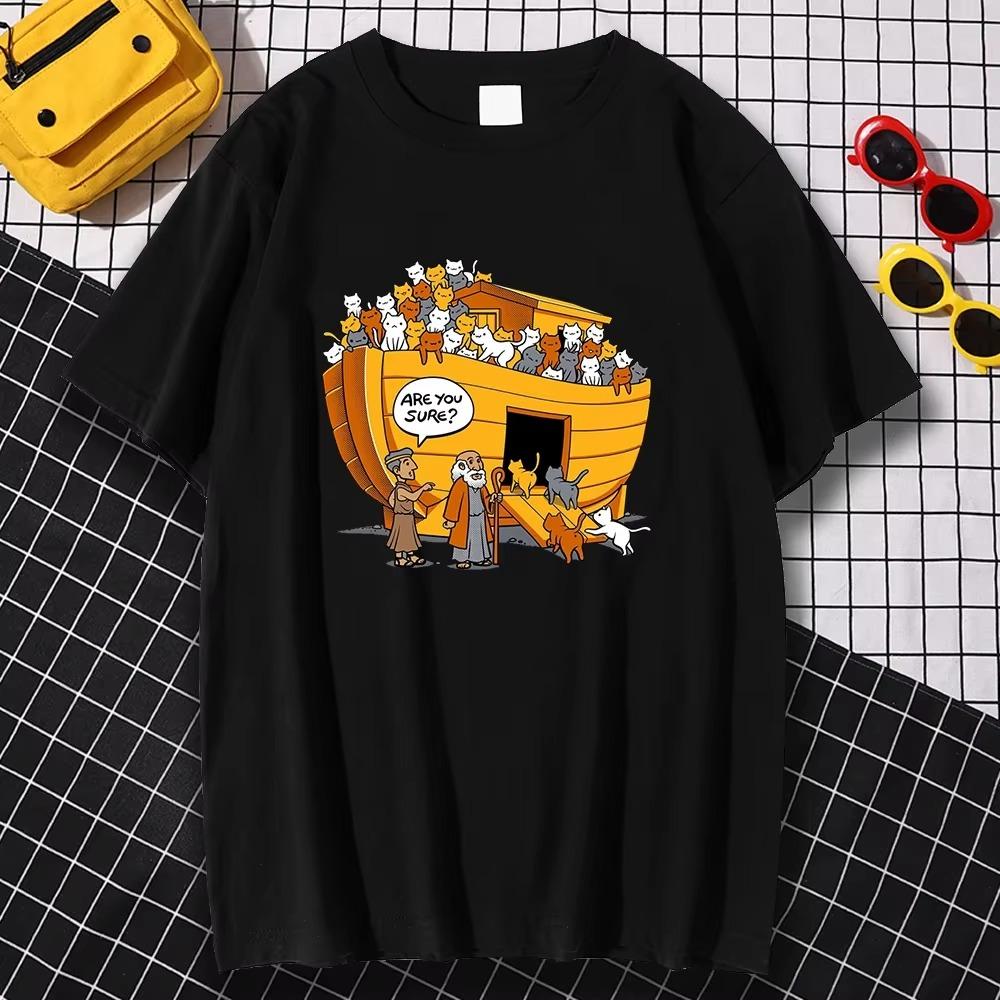Cartoon Style Noah'S Ark Cat Graphic Tshirts Ladies Kawaii Clothing Women Men Fashion Retro Streetwear Summer Oversized T Shirt