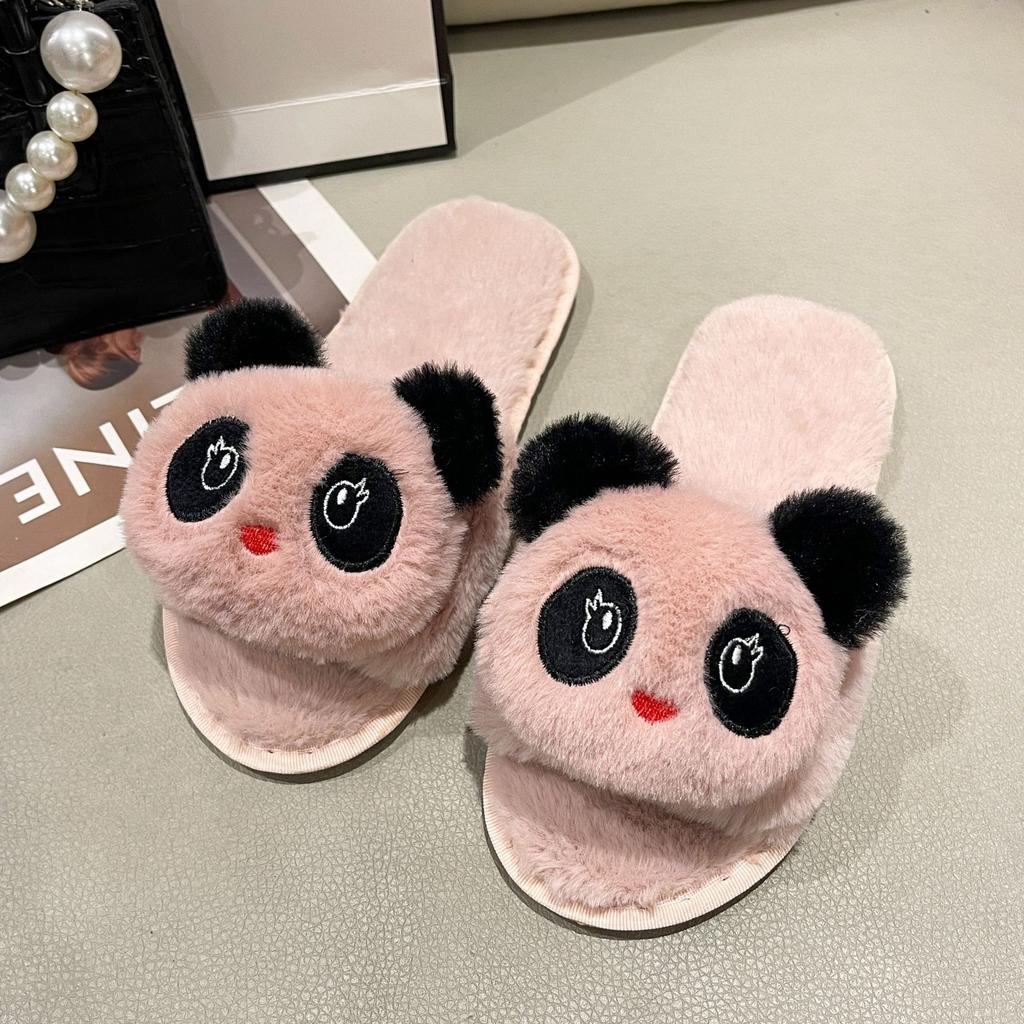 Cartoon Panda Herbst- und Winter-Baumwollpantoffeln Haushalt Niedliche Indoor-Plüschpantoffeln Rutschfeste Flache Sohle Flauschige Einwort-Pantoffeln