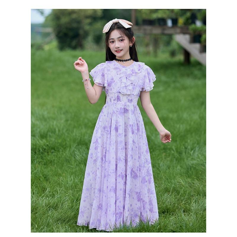 Mädchen Sommerkleid mit Blumenprint, Prinzessinnenstil, kurzärmelig, A-Linie, für größere Kinder
