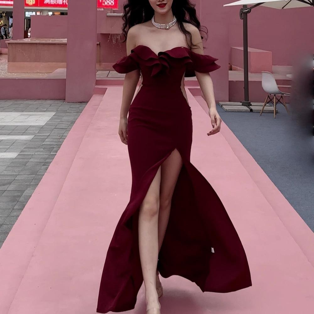 

Темперамент Знаменитость Банкетное платье Платье с открытыми плечами Темперамент Разрез Вилка Талия Бедра Рыбий хвост Платье L- (recommended 100-55kg) красный