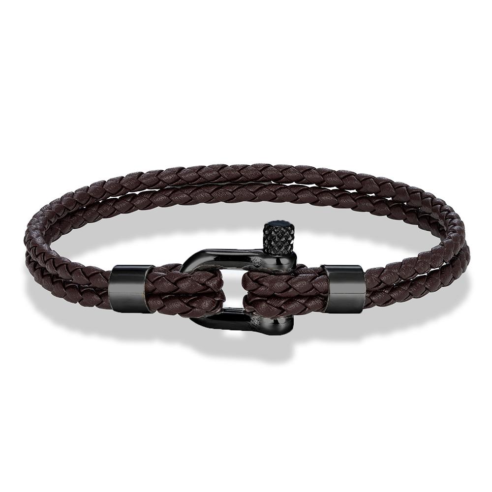 MKENDN Black Stainless Steel Shackle Bracelet Double Layer Blue Leather Handmade Nautical Jewelry for Men Women