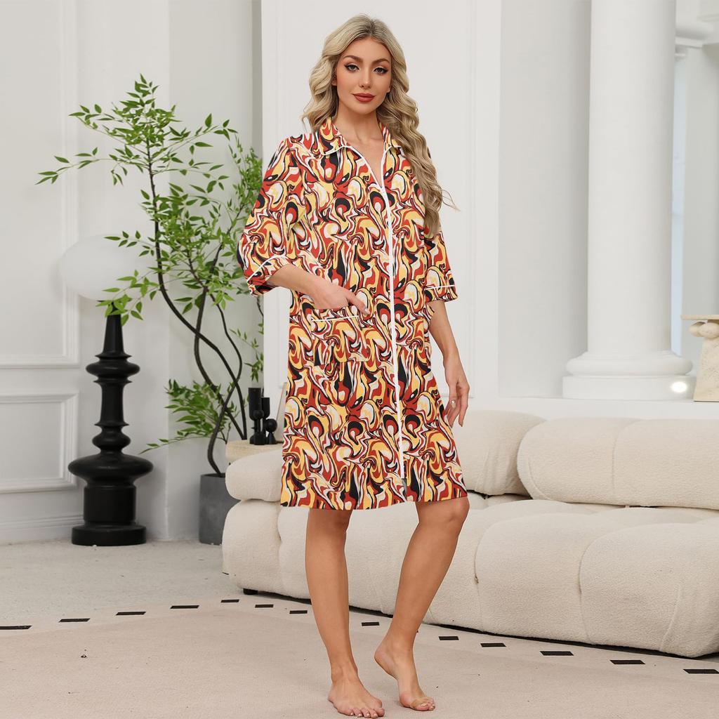 Damen Lässiges Leichtes Kleid mit Reißverschluss vorne, Blumendruck, Dreiviertelärmel, Knielang, mit Taschen für Loungewear und zum Schlafen