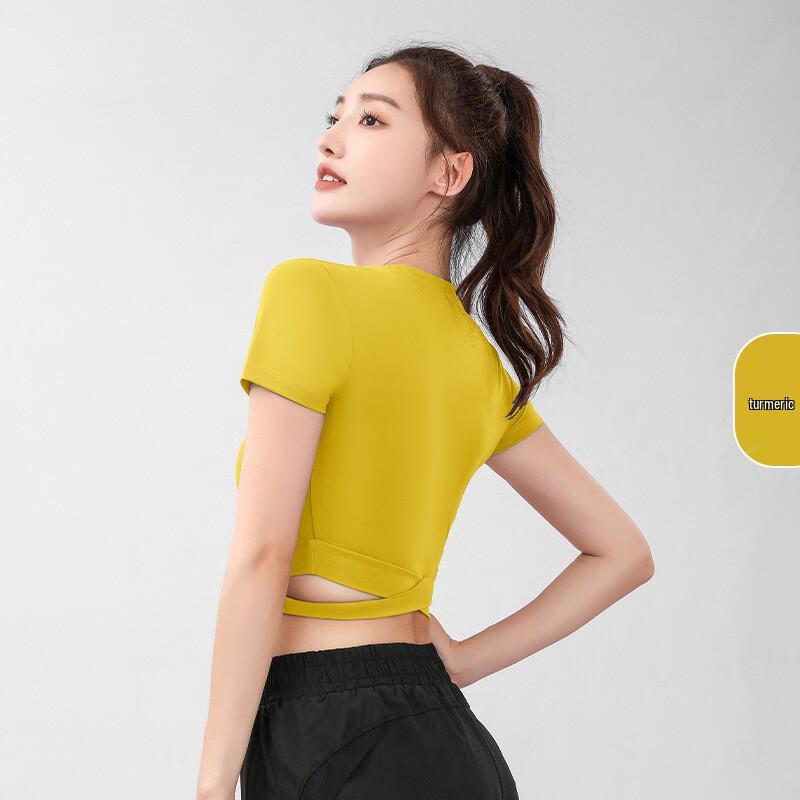 DONGCHEN PFU Женский бесшовный укороченный топ для йоги с короткими рукавами и перекрестным дизайном XL