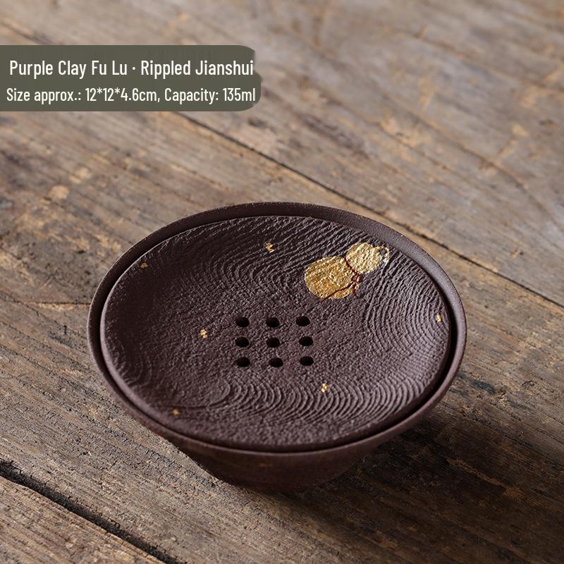 Original Hand-painted Golden Gourd Purple Clay Tea Wash Basin and Gongfu Tea Set Accessories Purple Clay Fortune Gourd - Rippled Bowl