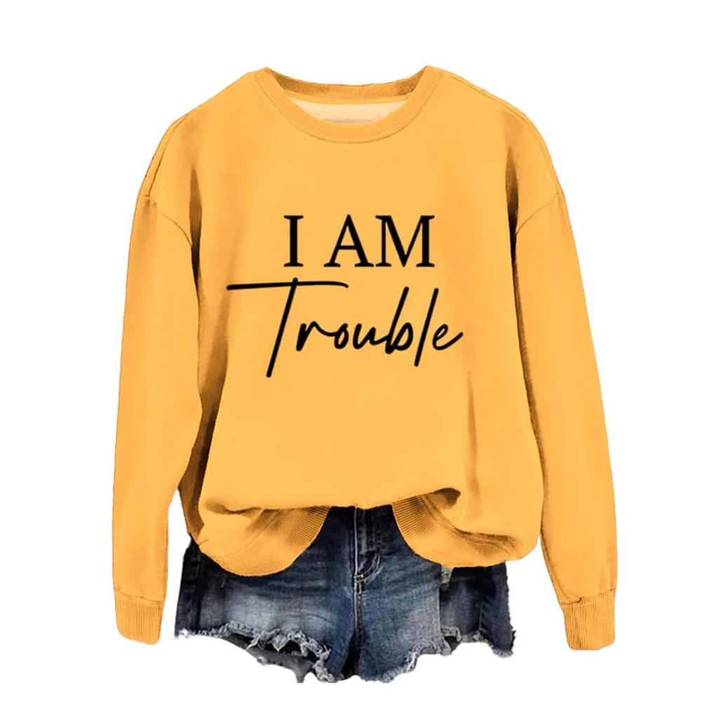 Women's Fashion Casual Round Neck Loose I AM Trouble Print Long Sleeve Sweatshirt
