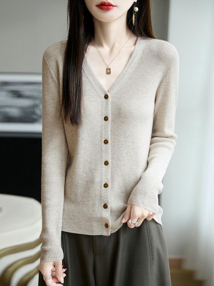 Women's Slim-Fit V-Neck Wool Cardigan, Petite-Friendly, Ribbed, Slimming, 100% Wool, Solid Color Sweater Coat
