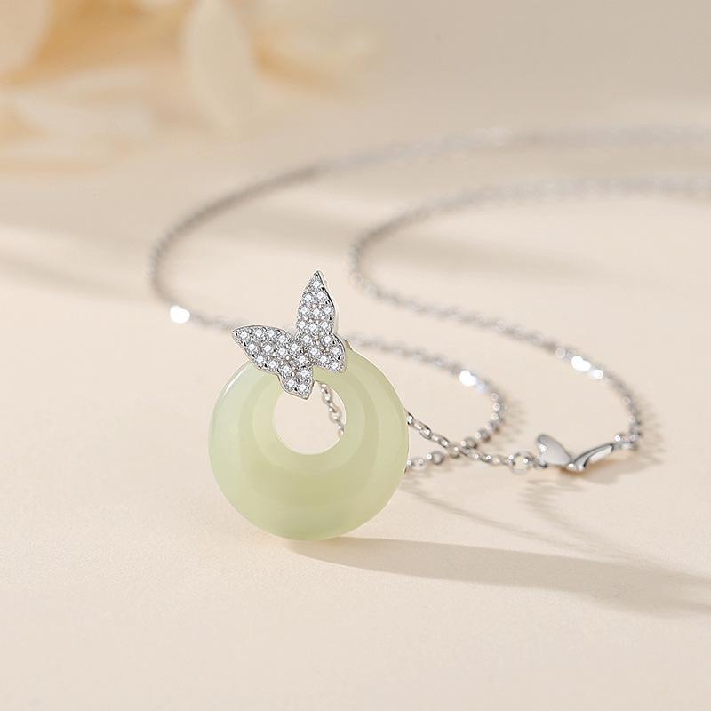 Tichiya S925 Silver Butterfly Ping An Kou Necklace with Hetian Jade Pendant 925 Silver