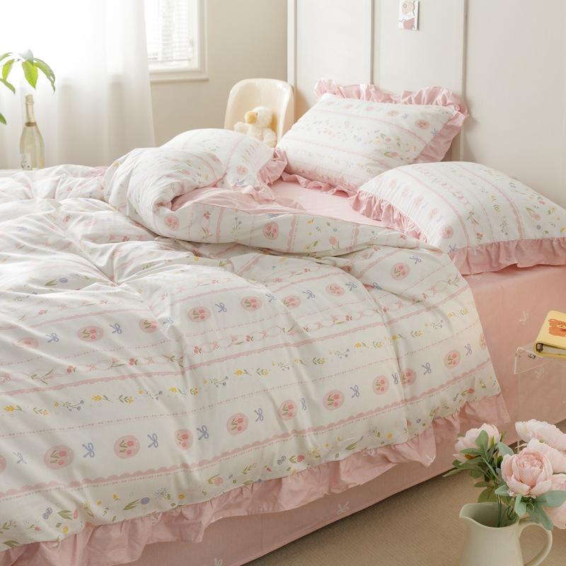 Księżniczka styl kwiatowy czysta bawełna mały świeży czteroczęściowy zestaw koronkowy prześcieradło poszwa na kołdrę prześcieradło z gumką łóżko trzyczęściowa poszwa na kołdrę