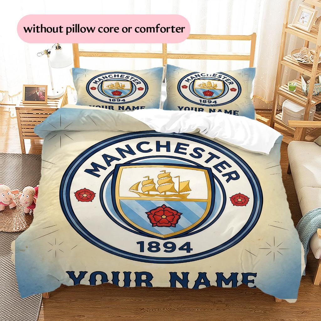 Custom Name Manchester City Pattern Bedding Quilt Set Home Decoration Gift (1 * duvet cover + 2 * pillowcase without core)